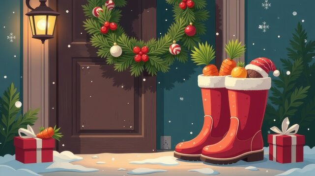 Festive doorway with wreath and red boots filled with gifts and oranges for a cheerful holiday celebration, happy st. nicholas day, ai