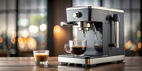A modern espresso machine with a glass cup of coffee and a glass of milk on a wooden countertop, with a blurred background of a cafe setting.
