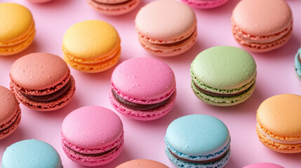 Obraz premium Assortment Of Colorful Macarons With Chocolate And Cream Fillings On Pink Background