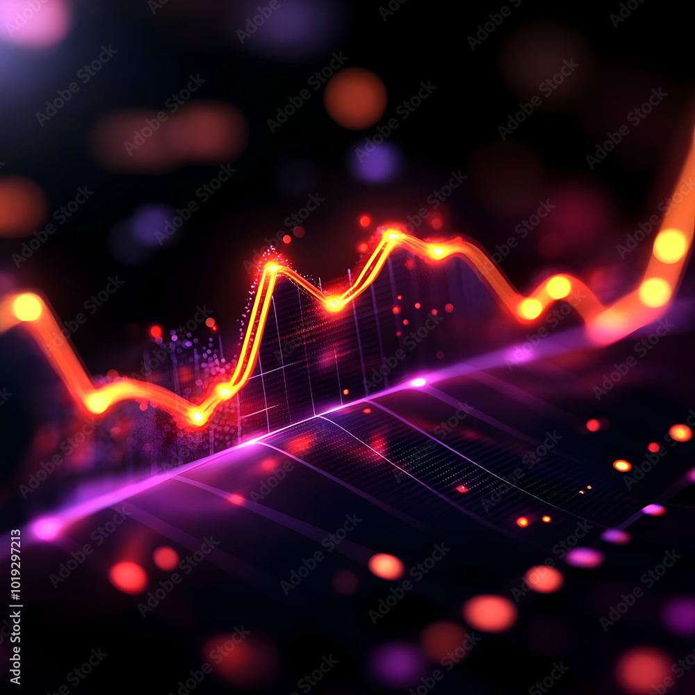 Poster abstract digital graph with vibrant neon colors and fluctuating data points, symbolizing growth and 