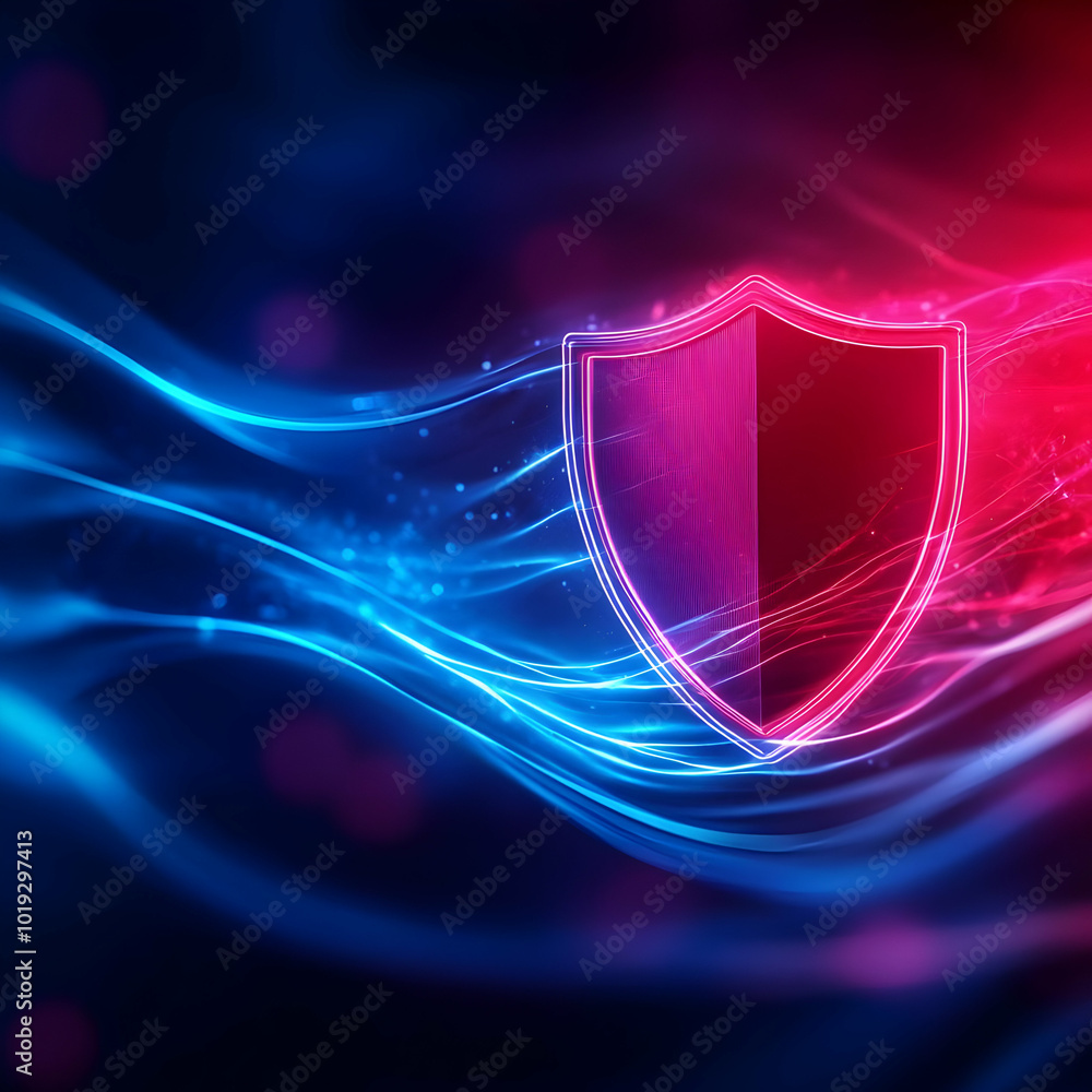 Poster abstract shield symbol with glowing light trails in blue and red, representing security and protecti