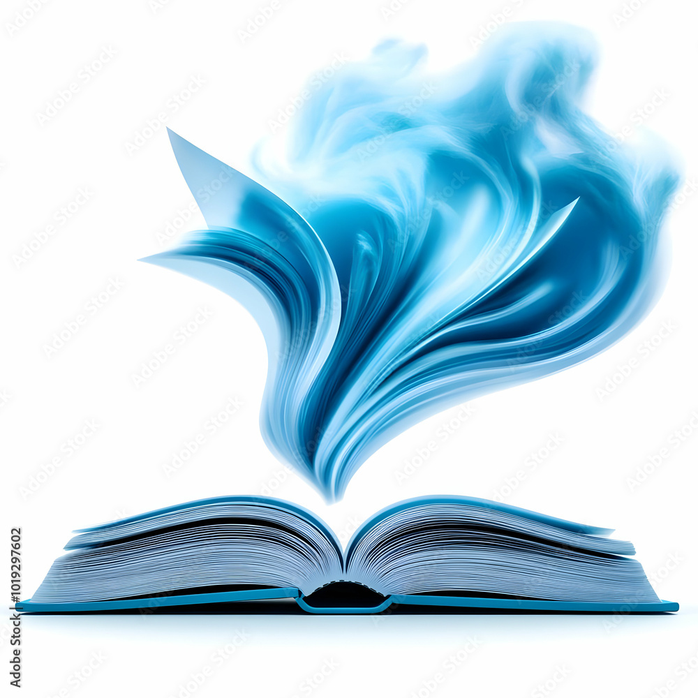 Poster an artistic representation of an open book with flowing blue pages, symbolizing knowledge and inspir