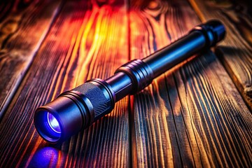 Naklejka premium Polished black cop nightstick on a wooden surface with dramatic lighting for law enforcement themes