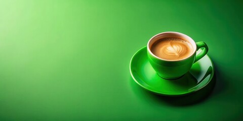A cup of coffee with a heart-shaped design in the foam, sitting on a green saucer against a green background.
