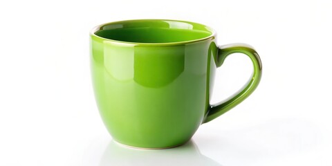 A bright green ceramic mug with a rounded body and a curved handle, isolated on a white background.