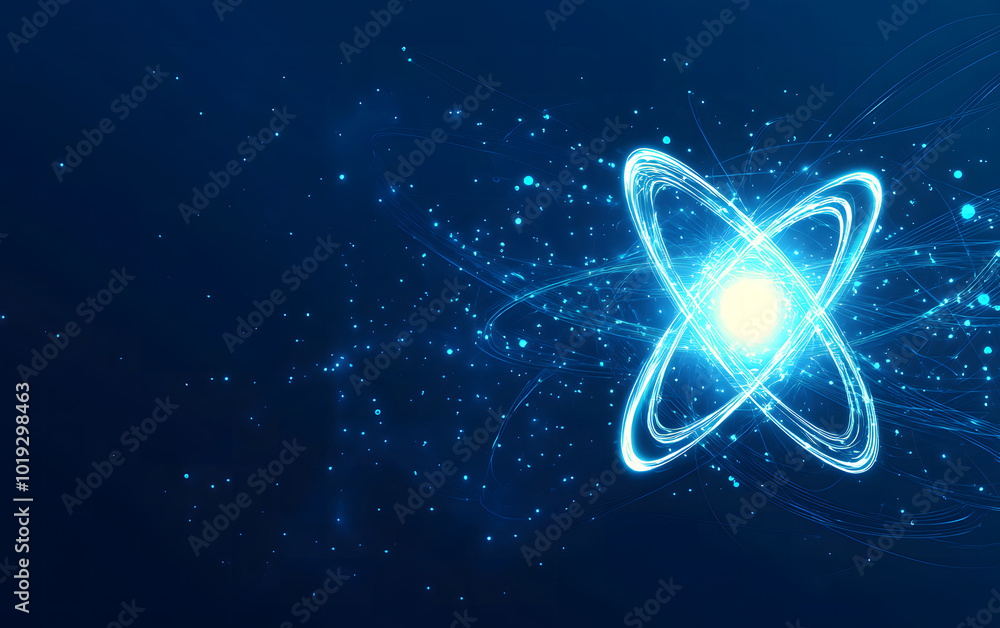 Poster a blue background design with a glowing atom in the center symbolizes energy and the science of phys