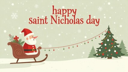 Santa claus pulling a decorated christmas tree in a snowy landscape with sleigh, celebrating happy st. nicholas day ai