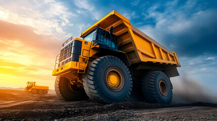 Fototapeta premium A large yellow dump truck operating on a construction site against a dramatic sunset sky.