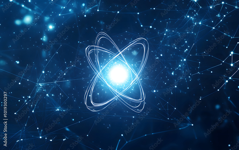 Poster a blue background design with a glowing atom in the center symbolizes energy and the science of phys