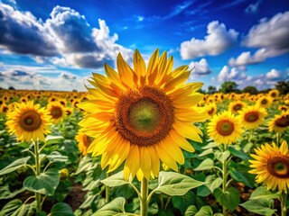 On a sunny summer day, a vibrant field of sunflowers flourishes beneath an expansive blue sky, illustrating nature's beauty in all its radiant glory.