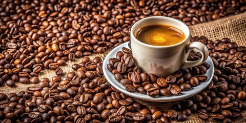 Fototapeta premium A steaming cup of coffee nestled in a bed of roasted coffee beans, the rich aroma and warm hues promising a delightful and invigorating experience.