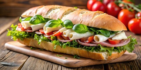 A hearty and delicious sandwich filled with fresh ingredients, sliced tomatoes, mozzarella cheese, green lettuce, and ham, resting on a wooden cutting board