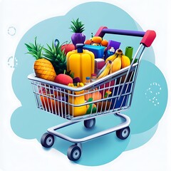 A shopping cart filled with various groceries and products, symbolizing shopping and daily needs.