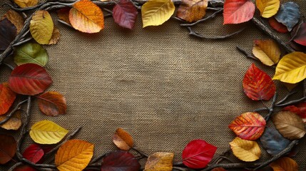 Fototapeta premium Autumn Leaves Arranged in a Frame on Burlap