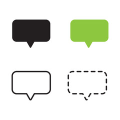 Speech bubble icons in four different styles: solid black, green, outlined, and dashed. Minimalist design for communication themes.