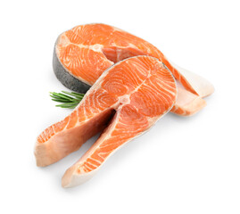 Two fresh salmon steaks and rosemary isolated on white, above view