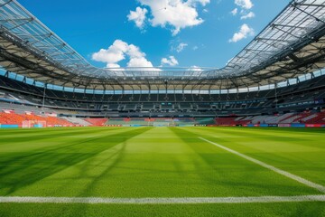 Wide-angle view of a large empty soccer stadium with green grass and blue sky. Concept of sports venue and competition.