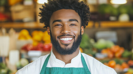 Smiling young man working in a grocery store.