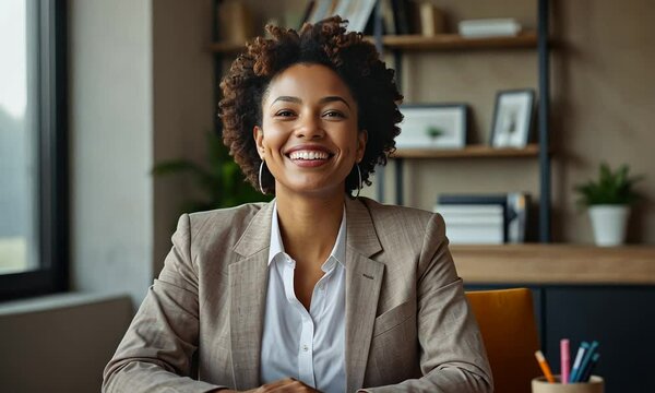Happy African business woman female hr manager having online job interview