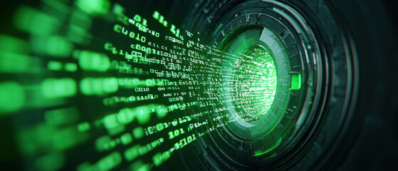 Digital vault door opening with streams of green data flowing through.