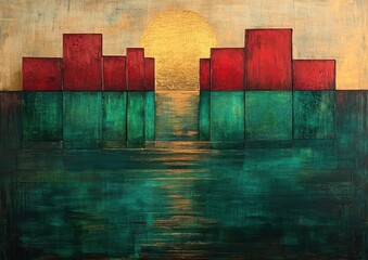 Captivating Abstract Painting of Geometric Red and Green Structures Reflected in Water with a Warm Sunset and Textured Background