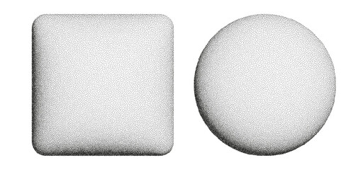 3d halftone shapes, square and circle stipple forms, black splatter elements isolated on white. Vector design.