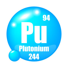 Plutonium icon. Pu chemical element. Atomic number 94. Mass 244. Blue sphere image. Vector symbol.