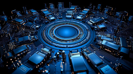 Obraz premium Blue white round circuit motherboard technology, futuristic electronic chip hardware system, cyber data innovation, sci-fi network engineering