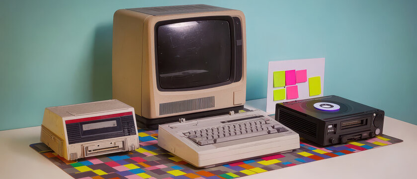 retro workspace featuring vintage computer setup with colorful sticky notes.