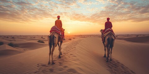 Two men on camels ride through the desert at sunset.