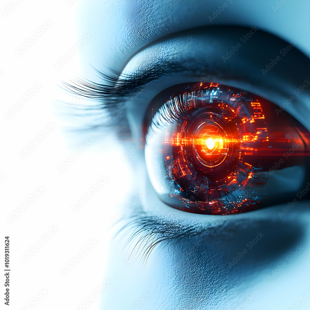 Poster futuristic robotic eye with intricate designs and glowing elements, symbolizing advanced technology 