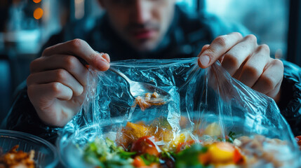 man carefully removes plastic wrap from colorful salad, showcasing his focus on healthy eating. vibrant ingredients highlight importance of nutrition and sustainability