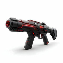 Futuristic sci-fi laser gun with sleek design and glowing red accents, isolated on white background.