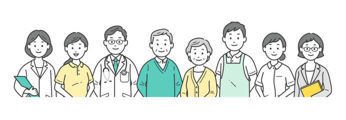 高齢者夫婦と医師と看護師と介護士とケアマネージャー栄養士が集合した上半身イラスト