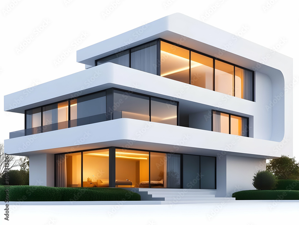 Poster modern architectural design featuring large windows and clean lines on a bright backdrop.