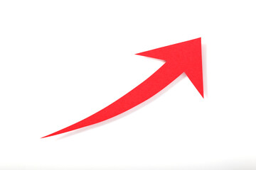 右肩上がりの赤い切り絵の矢印素材　影あり
