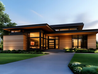 Modern architectural home design with large windows, wooden exterior, and landscaped surroundings at sunset.
