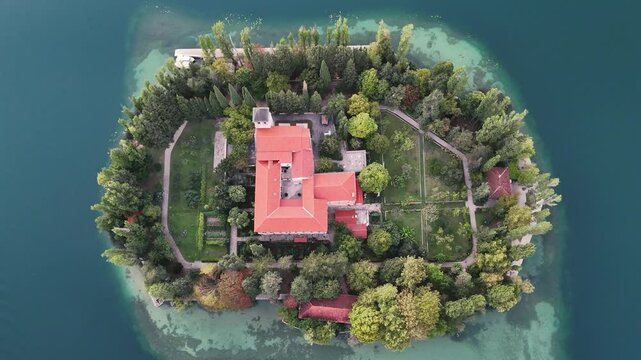 Top-down aerial view of the monastery and church on the Visovac Island in Krka National Park, Croatia
