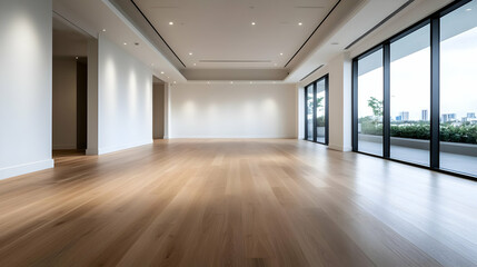 Obraz premium Modern empty room with wooden floor and large windows, bright natural light.