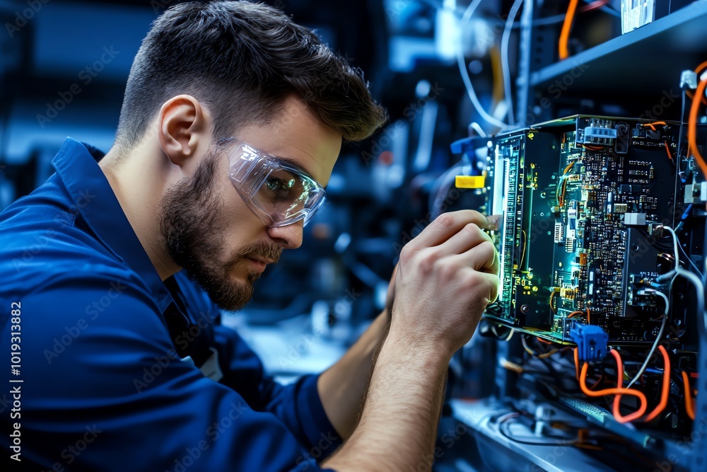 Aufkleber A reverse engineering lab with engineers working on complex devices, each one carefully disassembled for analysis and testing