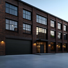 Modern industrial brick building with large windows at dusk, featuring a sleek entrance and an expansive outdoor space.