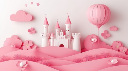Whimsical Princess Castle in Retro Graphic Poster Style - 3D Pastel Watercolor Fairy Tale Landscape Illustration for Birthday Invitations
