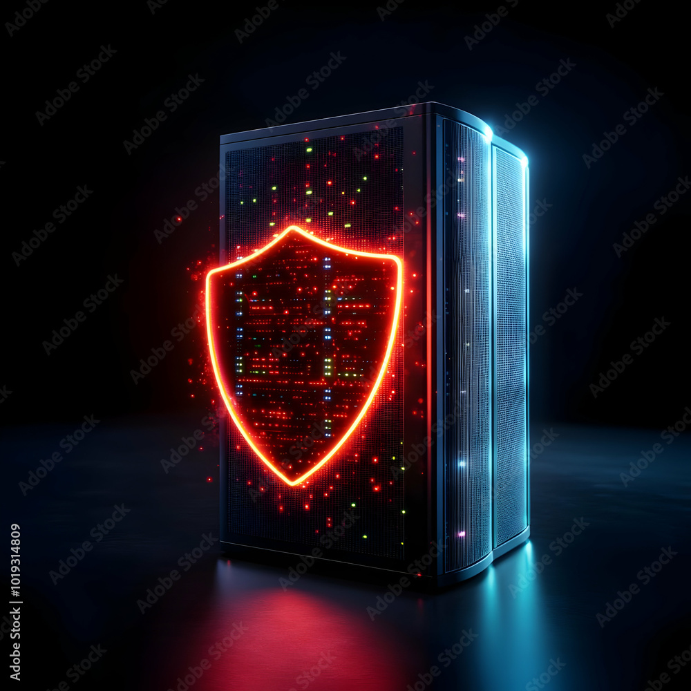 Poster modern server with a glowing shield symbol, representing data protection and cybersecurity.
