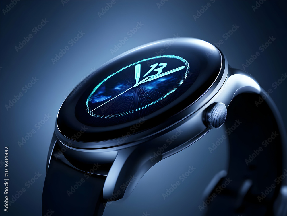 Poster modern smartwatch with a sleek design and illuminated display against a dark background.