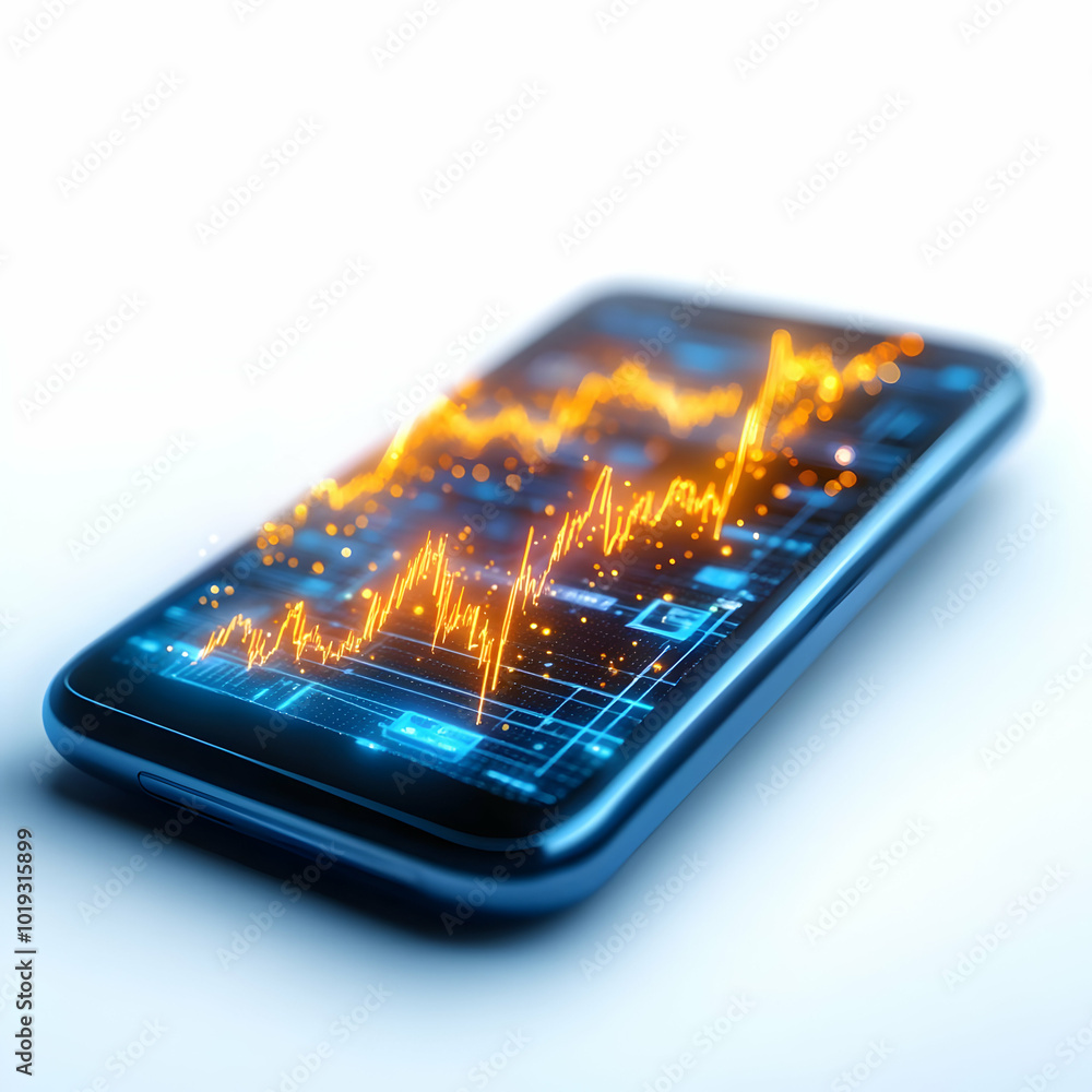 Poster smartphone displaying data graph with dynamic fluctuations, symbolizing technology and finance, on w