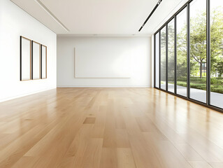Fototapeta premium Spacious, modern interior with wooden floor and large windows overlooking greenery.
