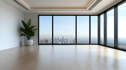 Fototapeta premium Spacious modern interior with large windows showcasing a city skyline and a potted plant in the corner.
