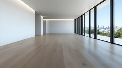 Fototapeta premium Spacious modern living room with large windows and light wooden floors offering stunning city views.