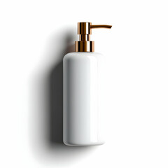Obraz premium Stylish white lotion dispenser with a gold pump on a white background, perfect for cosmetic or skincare product mockups.