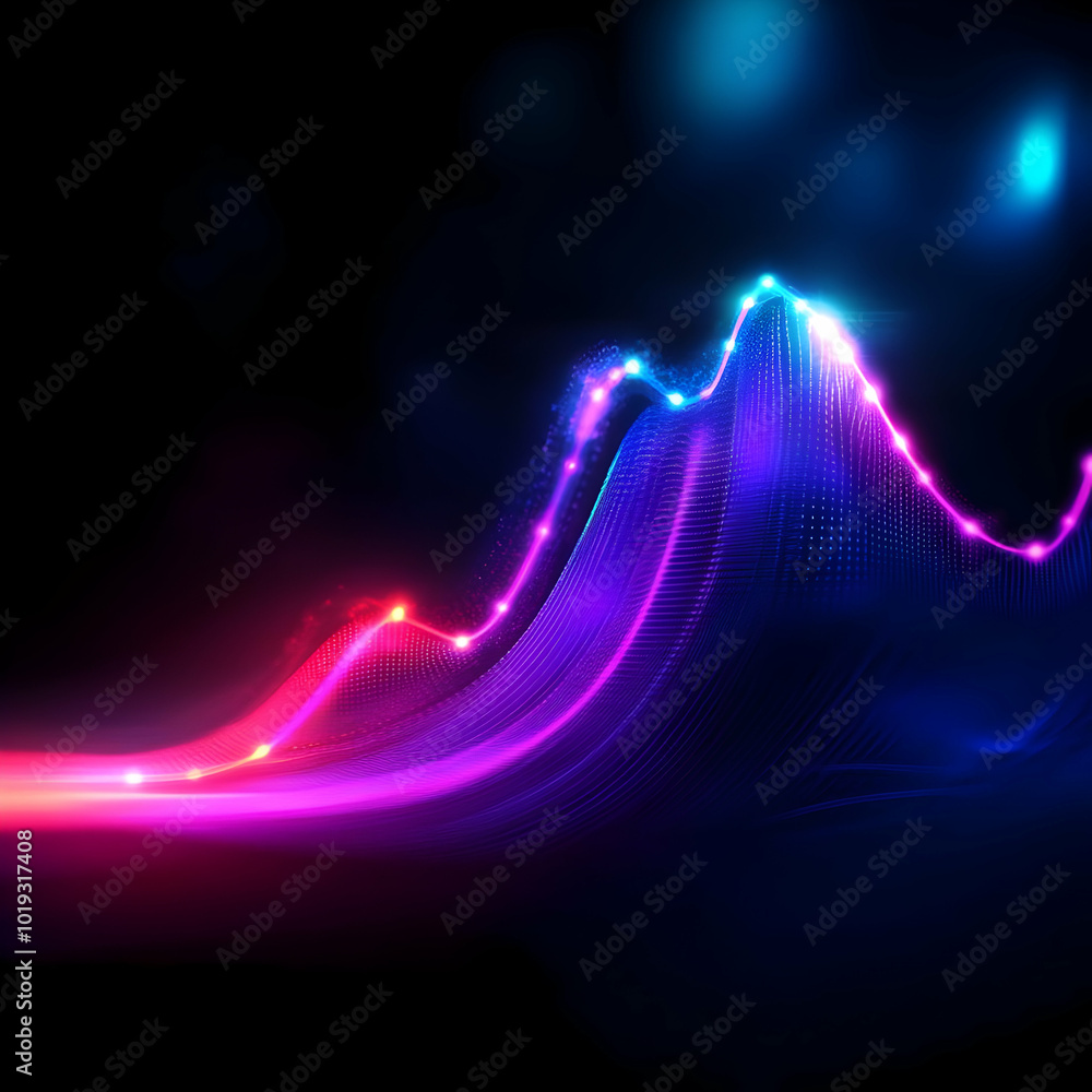 Poster vibrant abstract wave with glowing lights on a black background, showcasing a dynamic visual represe